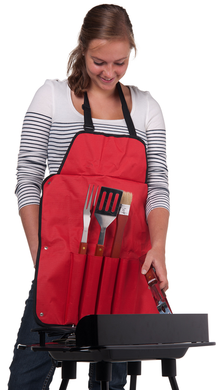 BBQ collection RVS barbecue bestek (4 dlg) met schort BBQ collection RVS barbecue bestek (4 dlg) met schort
