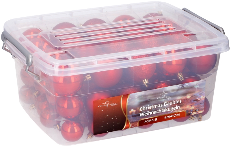 Kerstballen in box - 70 plastic ballen - rood Kerstballen in box - 70 plastic ballen - rood