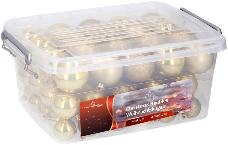 Kerstballen in box - 70 plastic ballen - goud Kerstballen in box - 70 plastic ballen - goud