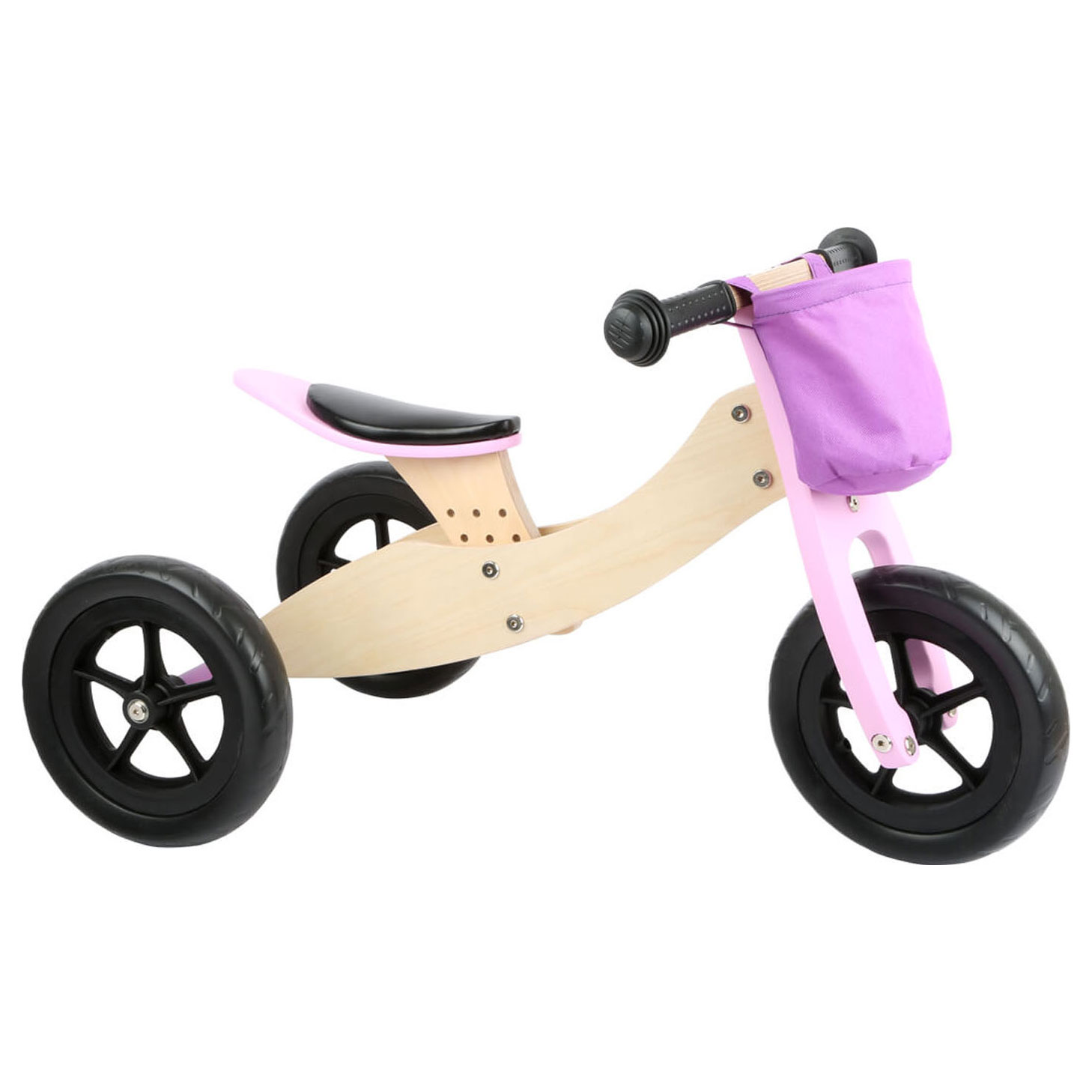 Houten Driewieler en Loopfiets 2in1 Roze