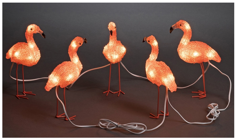 LED Lichtsnoer 5 meter, met 5 acryl flamingo's, warm wit LED Lichtsnoer 5 meter, met 5 acryl flamingo's, warm wit
