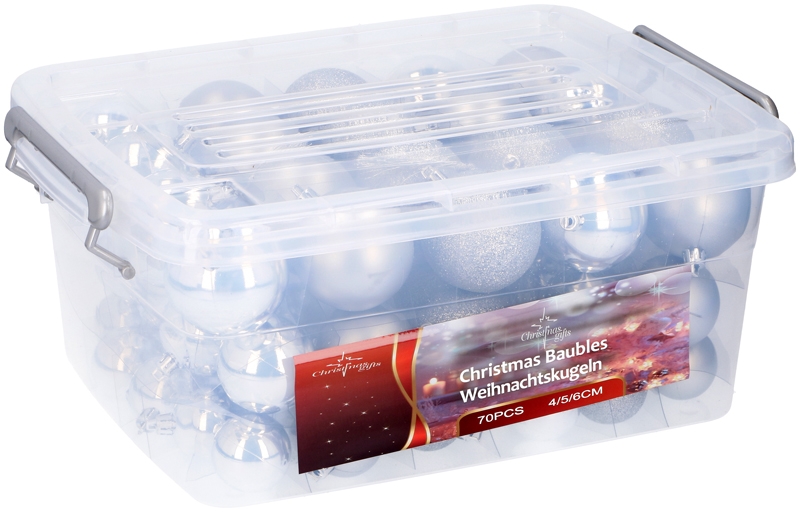 Kerstballen in box - 70 plastic ballen - zilver Kerstballen in box - 70 plastic ballen - zilver